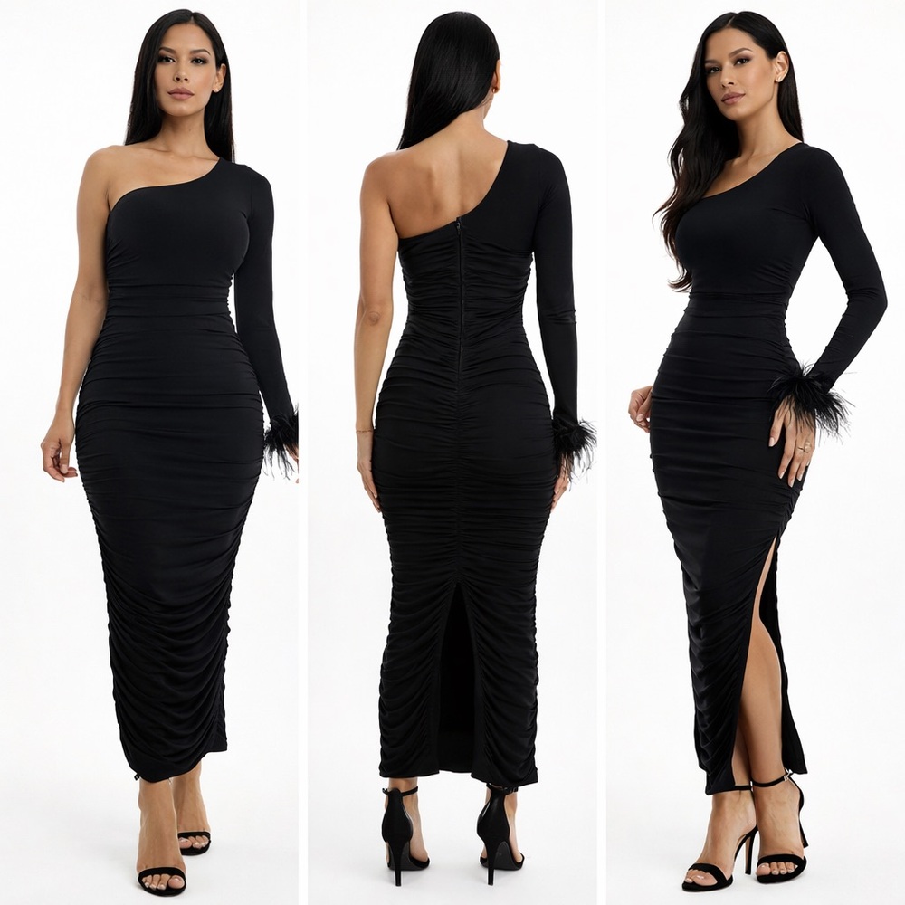 City Studios Ruched One Shoulder Black Gown Feather Sleeve Formal Juniors 0 - Picture 10 of 10